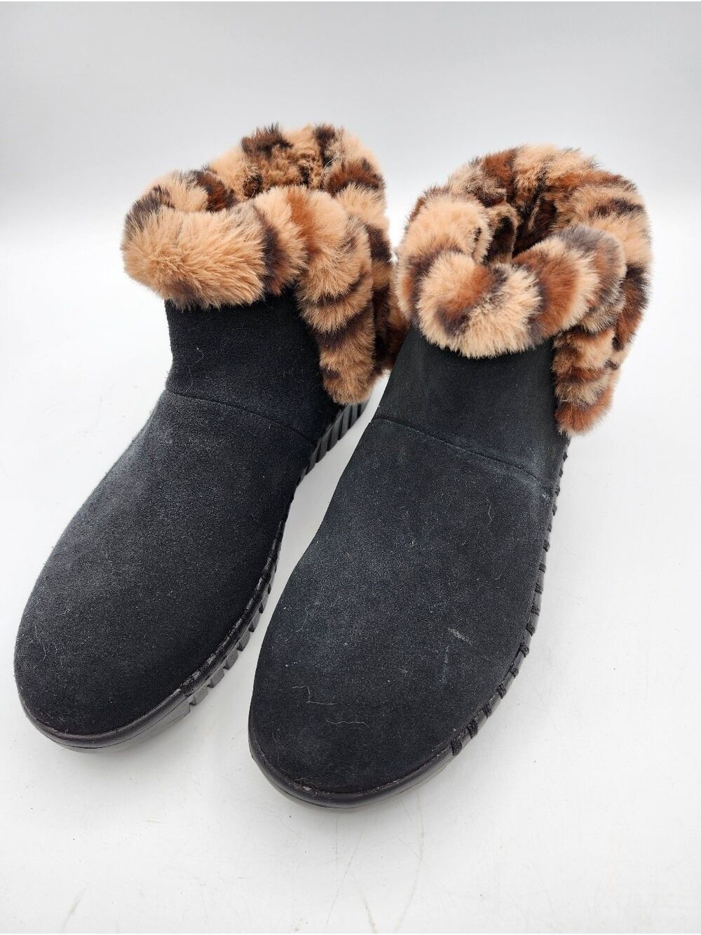 Skechers Black Suede Ankle Boots with Brown Faux Fur Cuff